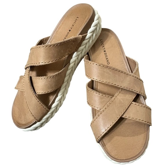 Lucky‎ Brand Loftee Brown Leather Slide Sandals Size 6.5/37 Braided Espadrille - Picture 1 of 10